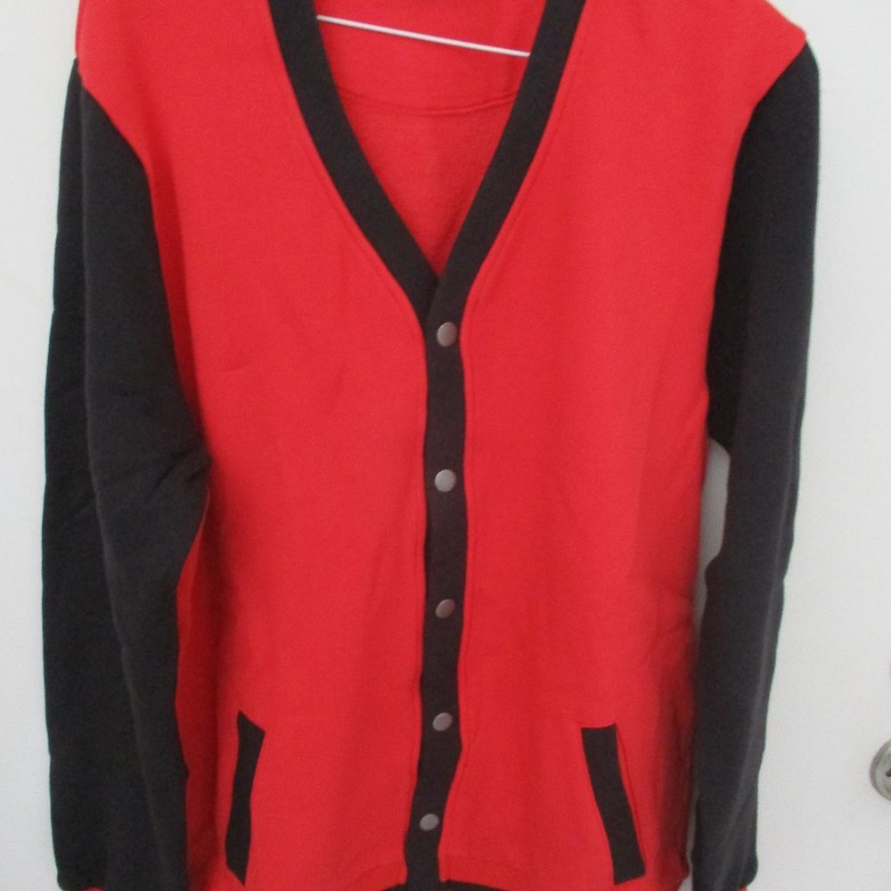CARDIGAN FLEECE SPORT SWEATER BUTTON UP RED & BLACK SMALL NEW #32